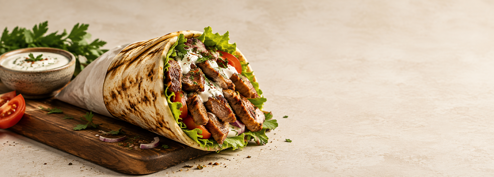 Grilled shawarma wrap with fresh garnishes
